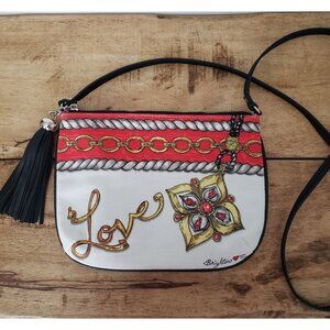 Brighton Love Chain Jewels Crossbody Canvas Purse w/ Black Tassel Zipper Pull